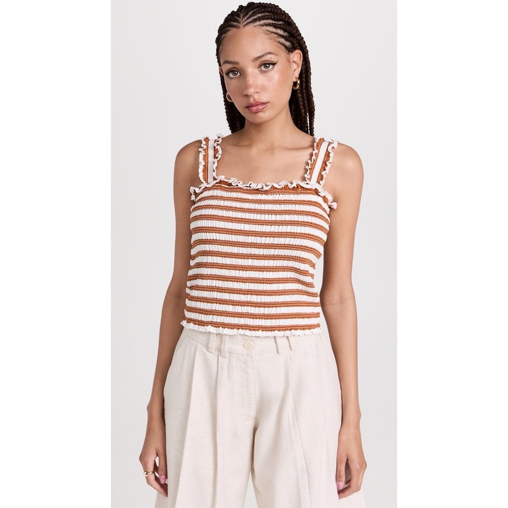 NWT Veronica Beard Jeans Averie Smocked Tank in Gold‎ Sand Off White